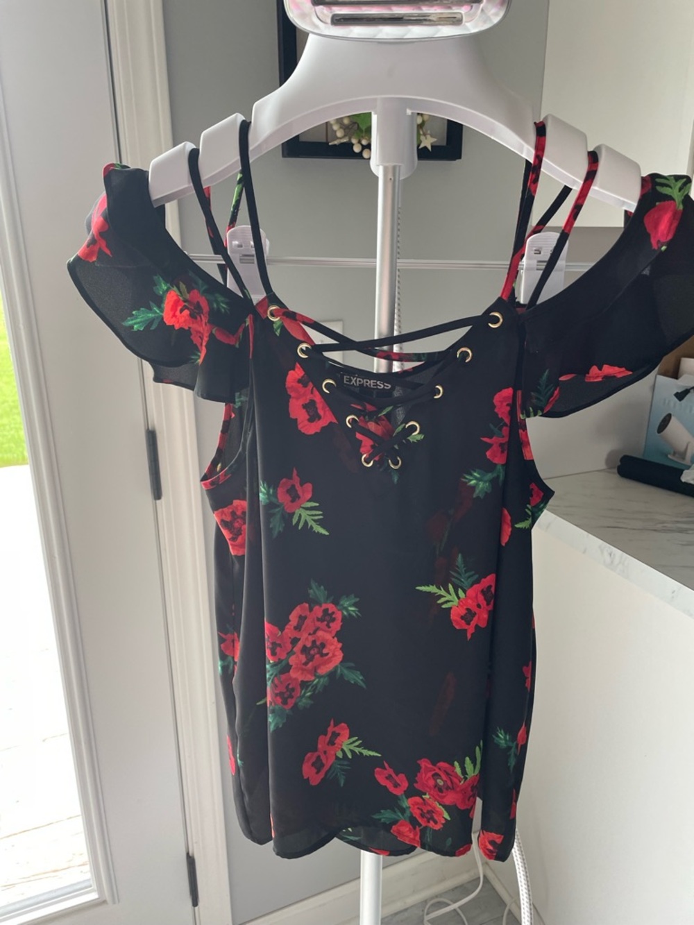 Express Black Tank with Red Floral Accent